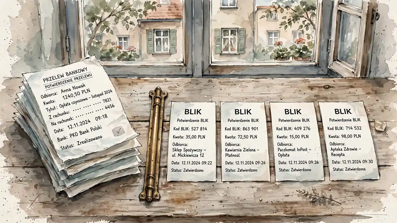 Stos potwierdzeń przelewów obok pasków BLIK rozdzielonych mosiężną przegrodą na stole.